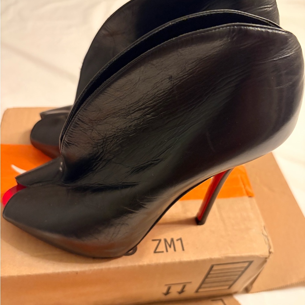 Christian Louboutin Black Leather Peep-Toe Stiletto Booties with Red Heels